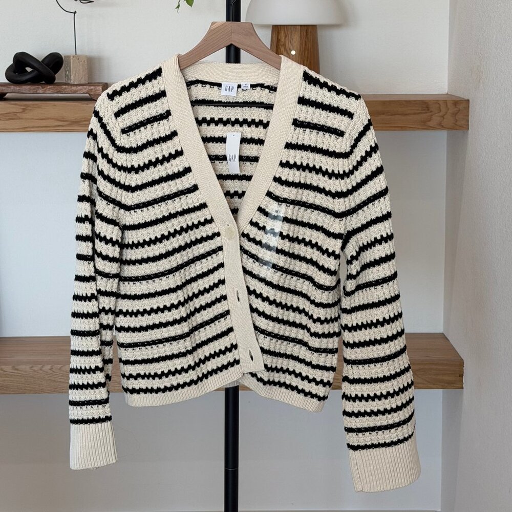 NWT Gap Relaxed Waffle Knit Cardigan - Cream/Black Stripe - M